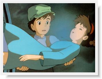 Sheeta floats down from the skies into the arms of a disbelieving Pazu.